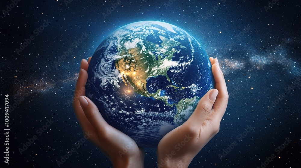 Earth in Human Hands Under a Starry Sky Earth in Human Hands Under a Starry Sky