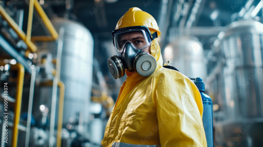 Worker in safety gear stands in a manufacturing facility, focused on quality control during the afternoon shift Worker in safety gear stands in a manufacturing facility, focused on quality control during the afternoon shift