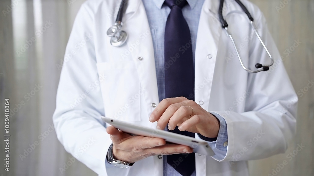 Doctor man wearing lab coat and stethoscope using tablet computer in hospital. Medicine and science Doctor man wearing lab coat and stethoscope using tablet computer in hospital. Medicine and science