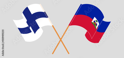 Crossed and waving flags of Finland and Republic of Haiti. Vector illustration