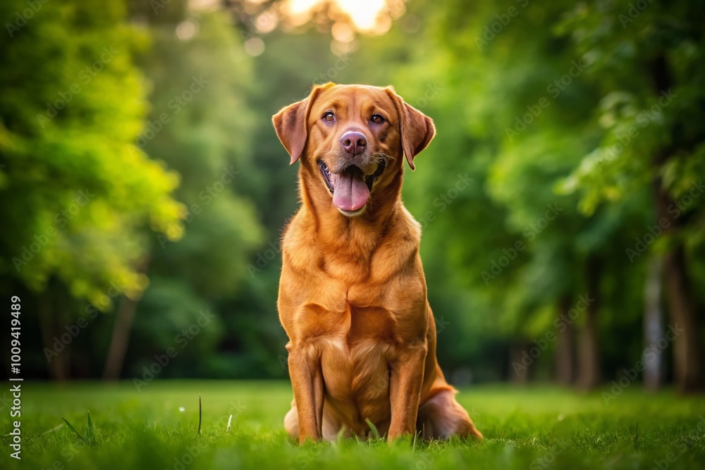 Playful Fox Red British Labrador Retriever Sitting in a Sunny Green Park with a Happy Expression Playful Fox Red British Labrador Retriever Sitting in a Sunny Green Park with a Happy Expression