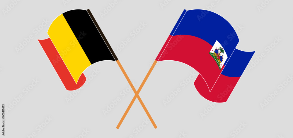 Crossed and waving flags of Belgium and Republic of Haiti. Vector illustration Crossed and waving flags of Belgium and Republic of Haiti. Vector illustration