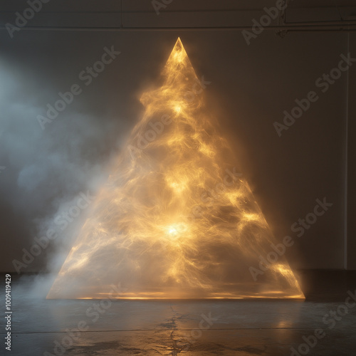 una piramide de humo hecha por laser de color blanco con tonos dorados photo