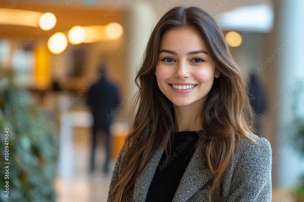 Business woman smiling happily in an office lobby, Generative AI Business woman smiling happily in an office lobby, Generative AI