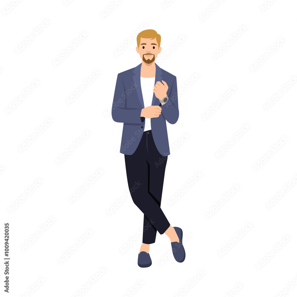 Young businessman posing in suit outfits wearing watch. Flat vector illustration isolated on white background Young businessman posing in suit outfits wearing watch. Flat vector illustration isolated on white background