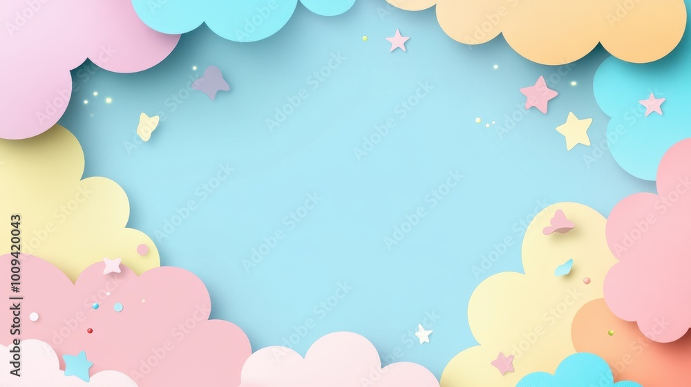 Whimsical Cloud-Filled Sky with Colorful Stars Whimsical Cloud-Filled Sky with Colorful Stars