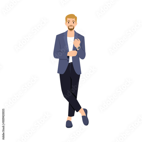 Young businessman posing in suit outfits wearing watch. Flat vector illustration isolated on white background