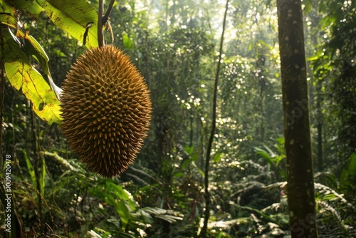 A durian fruit hanging in a lush tropical rainforest, showcasing nature's bounty.