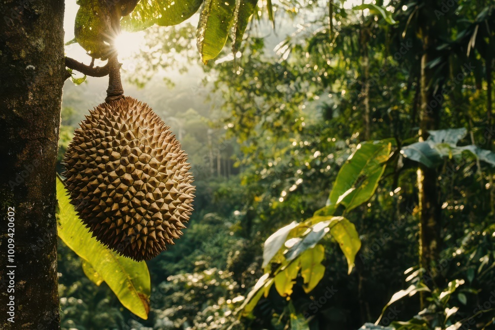 A durian fruit hangs from a tree in a lush, tropical rainforest setting. A durian fruit hangs from a tree in a lush, tropical rainforest setting.