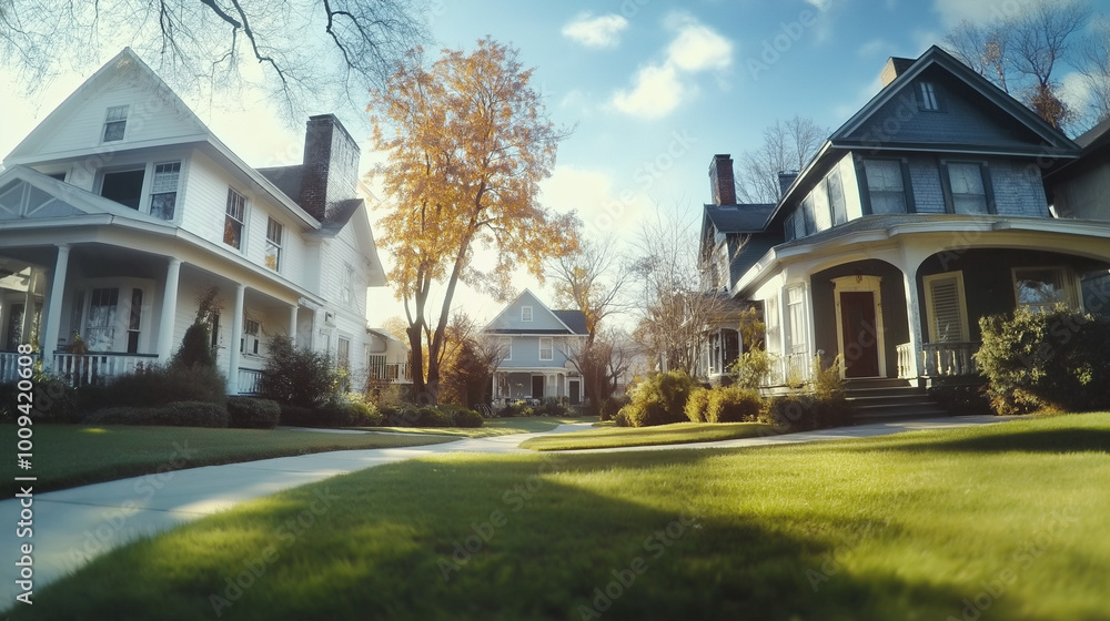 Obraz premium Picturesque neighborhood with charming houses and autumn trees under clear blue sky 