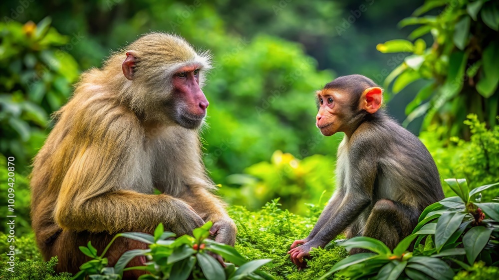 Playful Monkey and Baboon Interacting in a Natural Habitat of Vibrant Greenery and Trees Playful Monkey and Baboon Interacting in a Natural Habitat of Vibrant Greenery and Trees