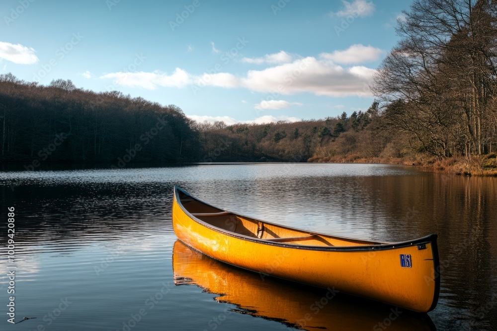 A bright yellow canoe rests serenely on a calm lake. The surrounding trees create a peaceful atmosphere. This image captures tranquility and nature. Generative AI A bright yellow canoe rests serenely on a calm lake. The surrounding trees create a peaceful atmosphere. This image captures tranquility and nature. Generative AI
