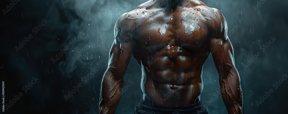 A man with a pumped up body and muscles close-up on a dark background with copyspace. Banner, place for text A man with a pumped up body and muscles close-up on a dark background with copyspace. Banner, place for text