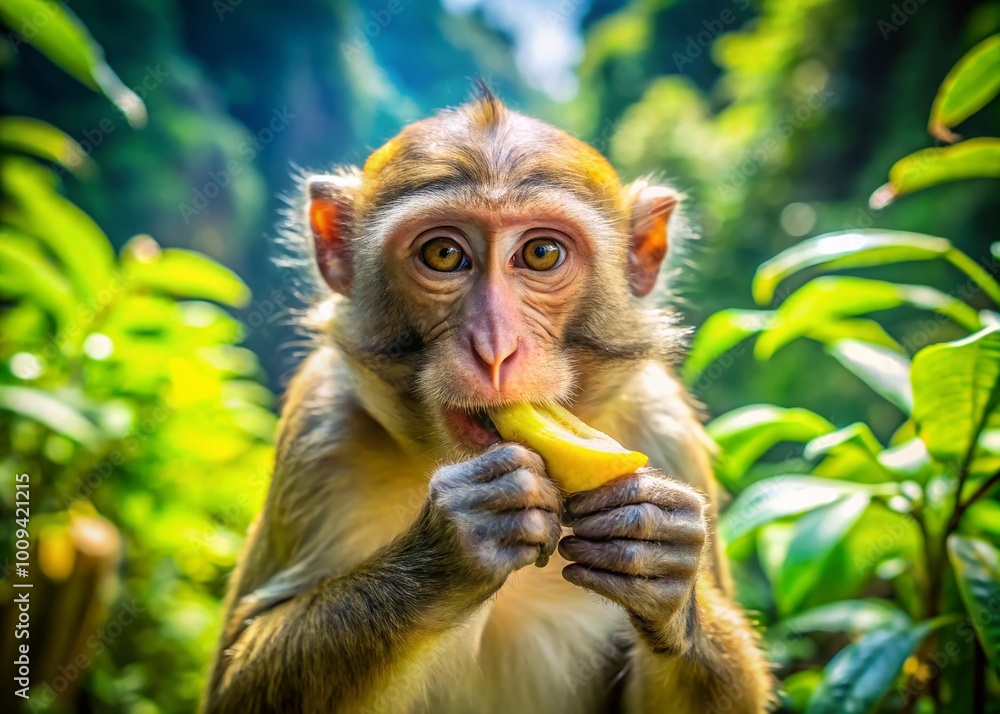 Playful Monkey Enjoying a Banana in a Lush Green Jungle Environment Under Bright Sunshine Playful Monkey Enjoying a Banana in a Lush Green Jungle Environment Under Bright Sunshine