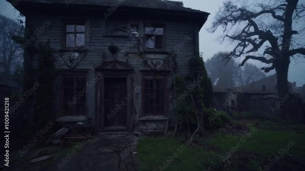 A large, dark and spooky house stands on the outskirts of a small town. A large, dark and spooky house stands on the outskirts of a small town.