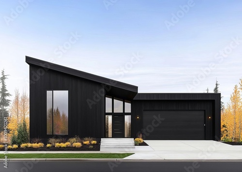 Modern SingleStory Home with Flat Roof in a Photorealistic Suburban Setting and Landscaping photo