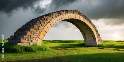 Abandoned stone arch bridge in grassy field with cloudy sky. photo