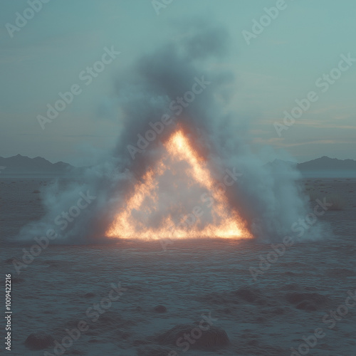 una piramide de humo hecha por laser de color blanco con tonos dorados photo