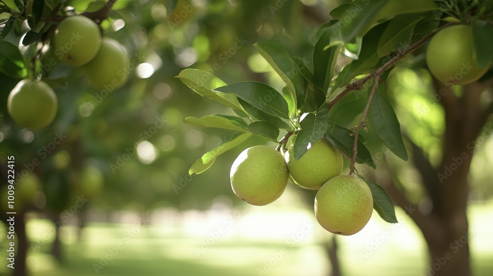 A tree with green leaves and green fruit hanging from it A tree with green leaves and green fruit hanging from it