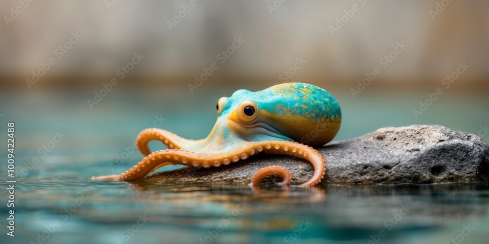 An octopus is sitting on a rock in the water. An octopus is sitting on a rock in the water.