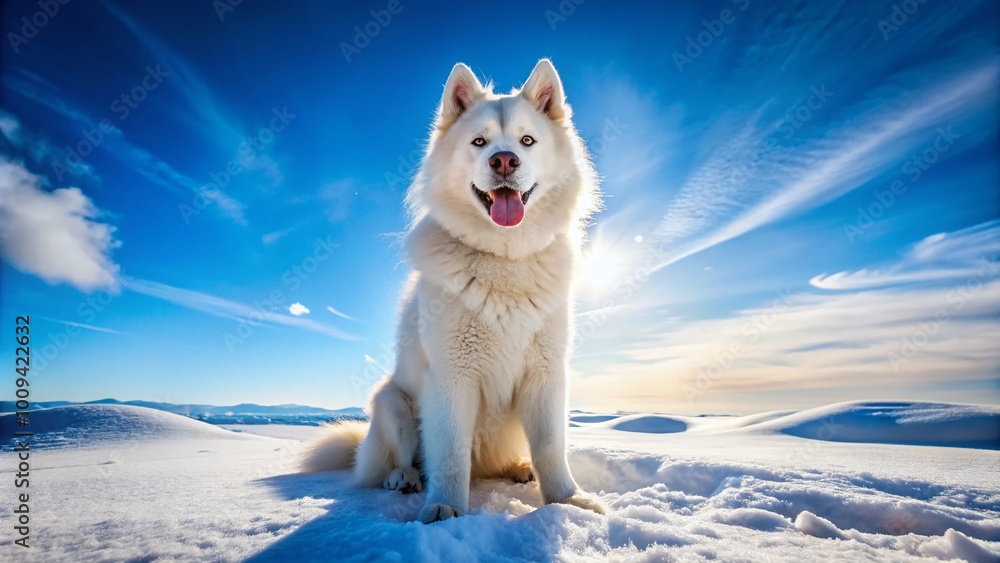 Playful Samoyed Husky Dog Sitting on Snowy Ground with Bright Blue Sky in the Background Playful Samoyed Husky Dog Sitting on Snowy Ground with Bright Blue Sky in the Background
