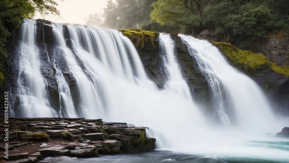 Fototapeta premium Powerful waterfall cascading from a stone platform.