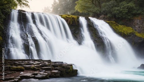 Powerful waterfall cascading from a stone platform.
