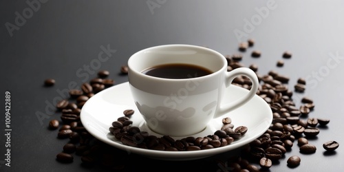 A white coffee cup on a white saucer with coffee beans falling around it on a black background.