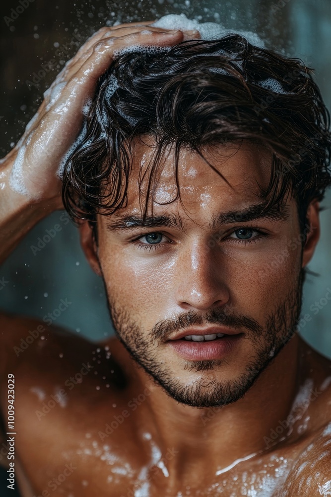 Handsome young man applying shampoo on his hair, preparing for a wash, Generative AI Handsome young man applying shampoo on his hair, preparing for a wash, Generative AI