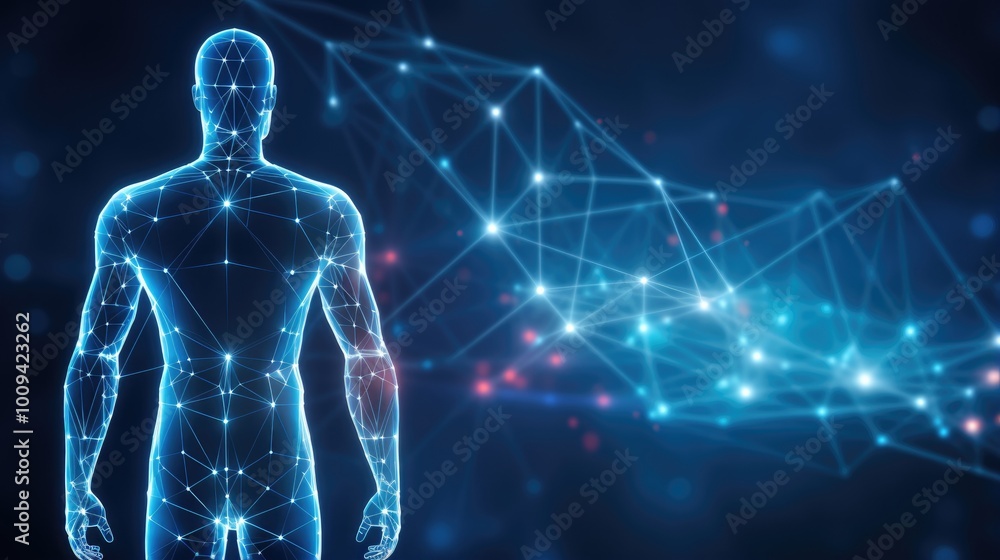A digital representation of a human figure with a network of lines and dots against a dark background. A digital representation of a human figure with a network of lines and dots against a dark background.