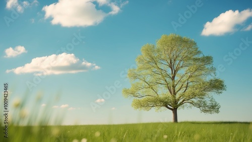 A tree stands tall in a green meadow under a clear blue sky adorned with fluffy white clouds.