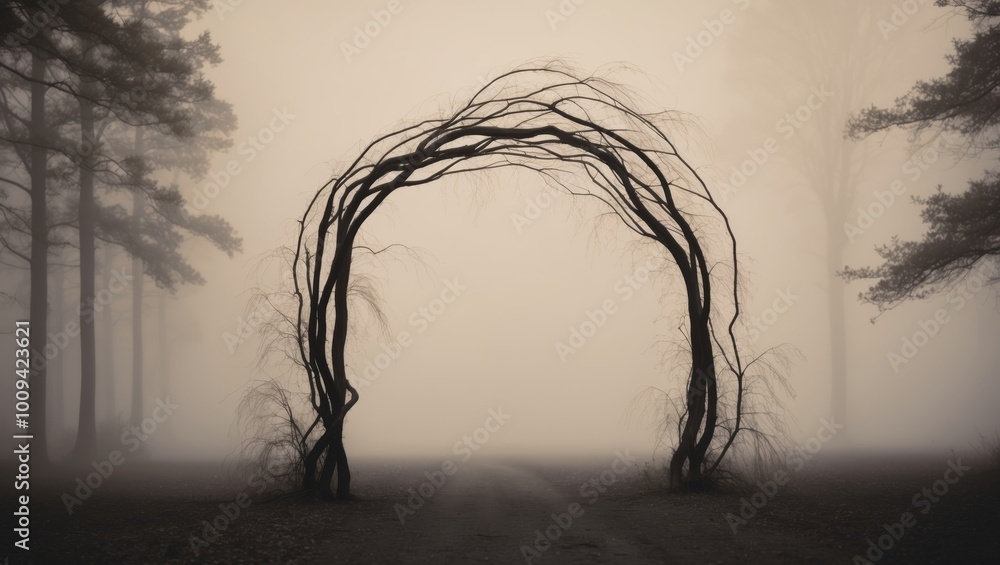 Mysterious arch made of twisted branches in a foggy forest at dawn ...