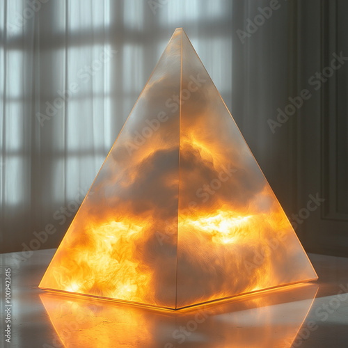 una piramide de humo hecha por laser de color blanco con tonos dorados