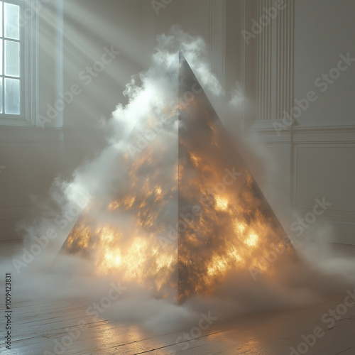 una piramide de humo hecha por laser de color blanco con tonos dorados