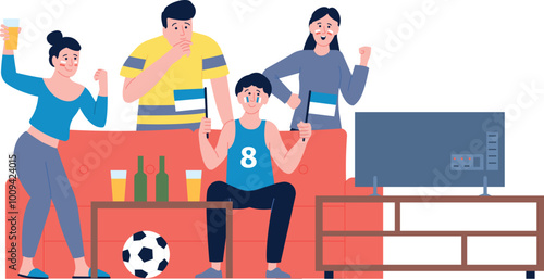 Football fans watch tv match with beer and snacks