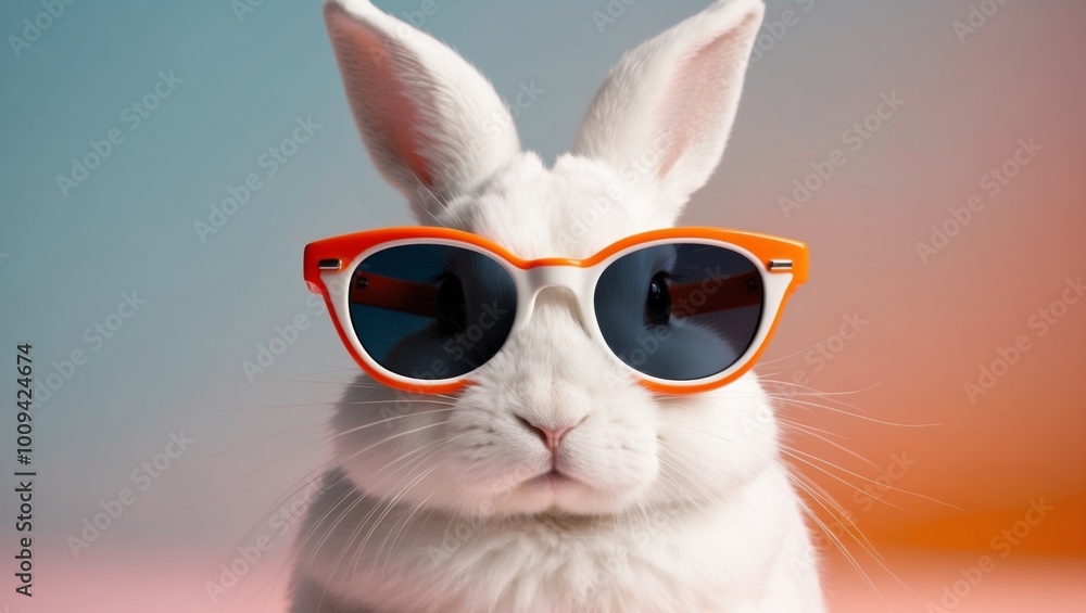 Cute Bunny in Sunglasses on Blue and Orange Background. Cute Bunny in Sunglasses on Blue and Orange Background.