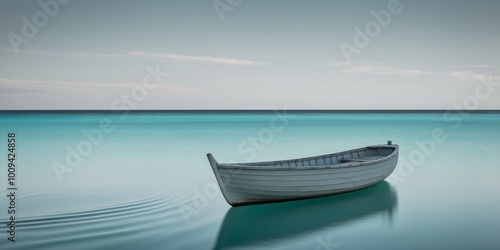 Lonely wooden boat floating on turquoise water. photo