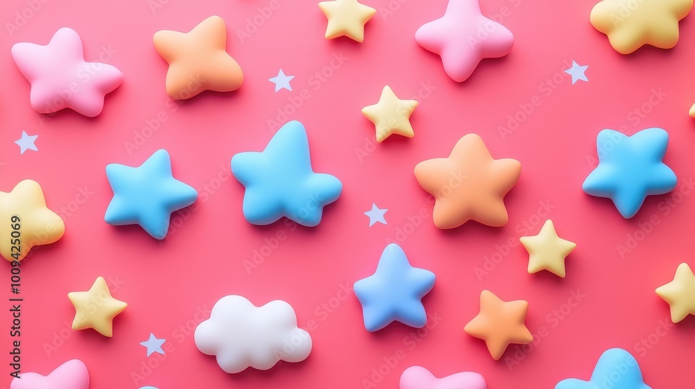 Colorful Marshmallow Stars on a Vibrant Pink Background Colorful Marshmallow Stars on a Vibrant Pink Background