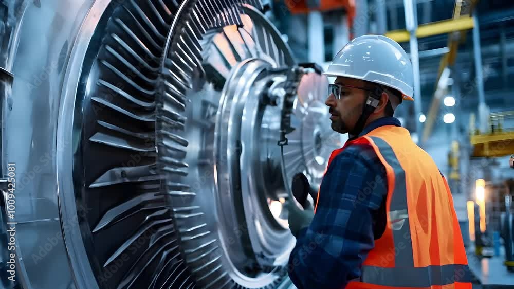 custom made wallpaper toronto digitalA worker inspects a large industrial turbine in a modern facility, wearing a safety helmet and vest, focused on the machinery's intricate details