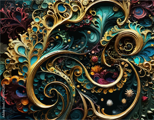 Vibrant Modern 3D Art - Gold Swirled Ethereal Flower Garden