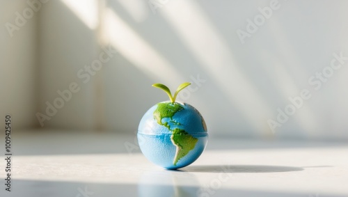 A Tiny Sprout Growing on a Miniature Earth. photo