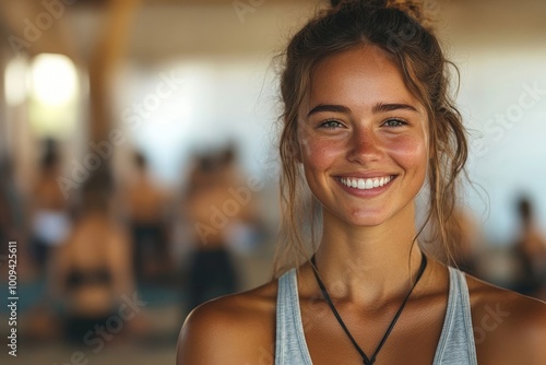 Woman smiling at the camera while standing in a yoga class, Generative AI Free Download Woman smiling at the camera while standing in a yoga class, Generative AI - GFXLoad