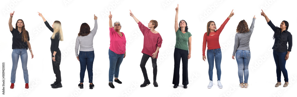 group of women pointing up on white background, group of women pointing up on white background,