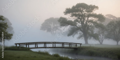 Serene Dawn Over a Misty Landscape with Wooden Bridge. photo