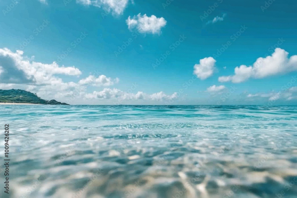Obraz premium Close-up view of the crystal-clear turquoise ocean sea, with sunlight creating patterns on the water’s surface, reflecting the serenity and purity of tropical seas under a bright, cloud-filled sky.