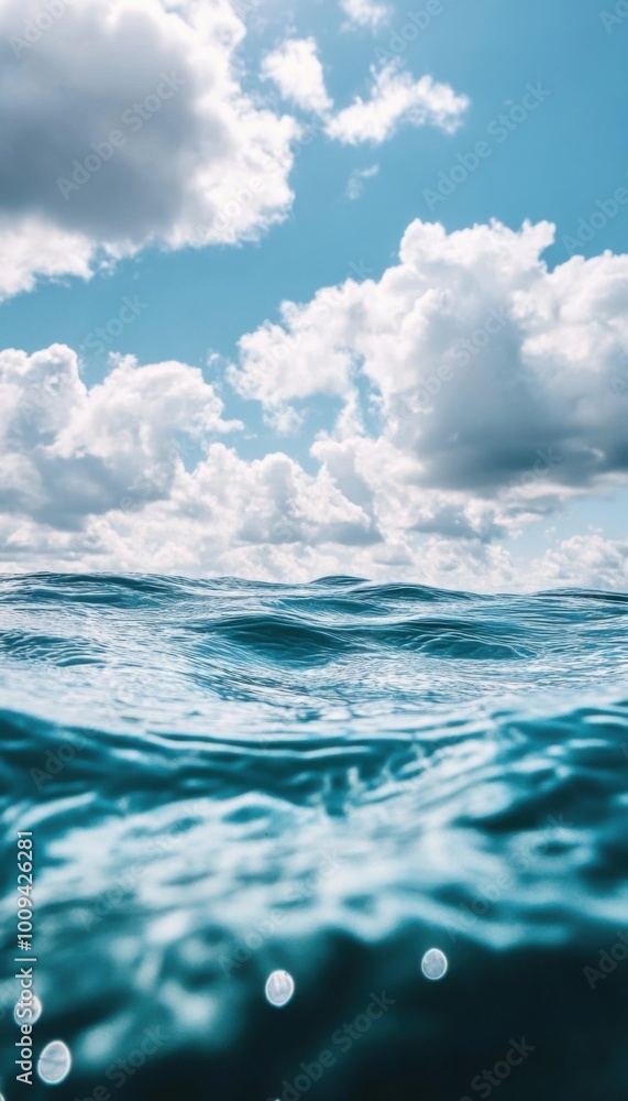 Fototapeta premium Close-up view of the crystal-clear turquoise ocean sea, with sunlight creating patterns on the water’s surface, reflecting the serenity and purity of tropical seas under a bright, cloud-filled sky.