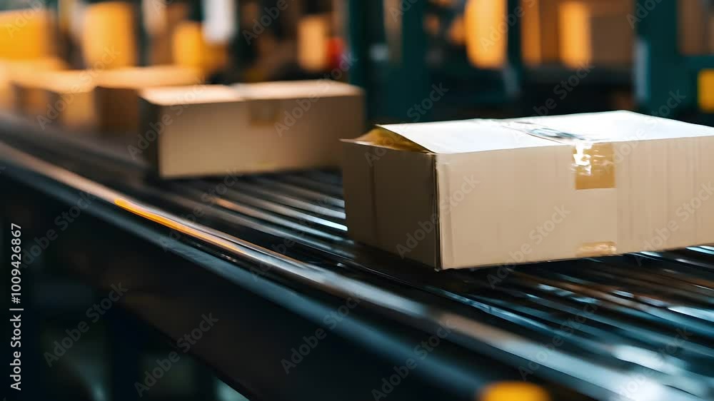 Boxes move along a conveyor belt in a warehouse, showcasing an efficient logistics operation involved in packaging and dispatching goods Boxes move along a conveyor belt in a warehouse, showcasing an efficient logistics operation involved in packaging and dispatching goods