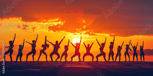 A yoga class practicing outdoors, their bodies forming graceful shapes against the backdrop of a beautiful sunset.