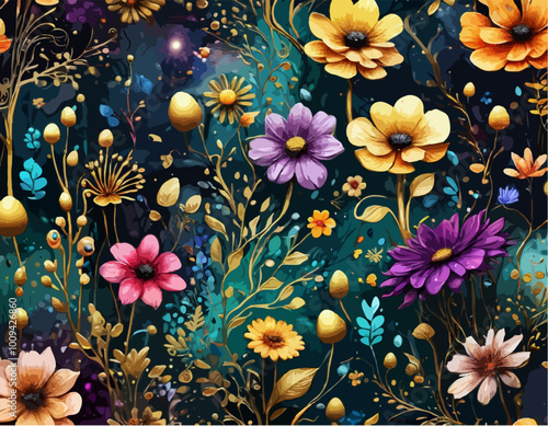 Vibrant Modern 3D Art - Gold Swirled Ethereal Flower Garden