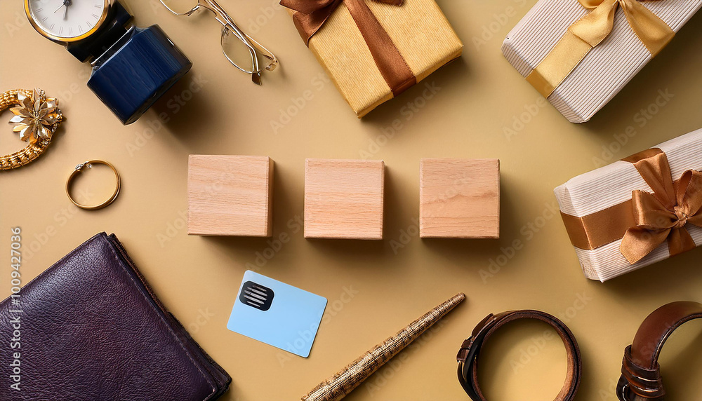 Wooden cubes with word Sale, shopping cart, gift, credit cards and alarm clock on light blue background, flat lay Wooden cubes with word Sale, shopping cart, gift, credit cards and alarm clock on light blue background, flat lay